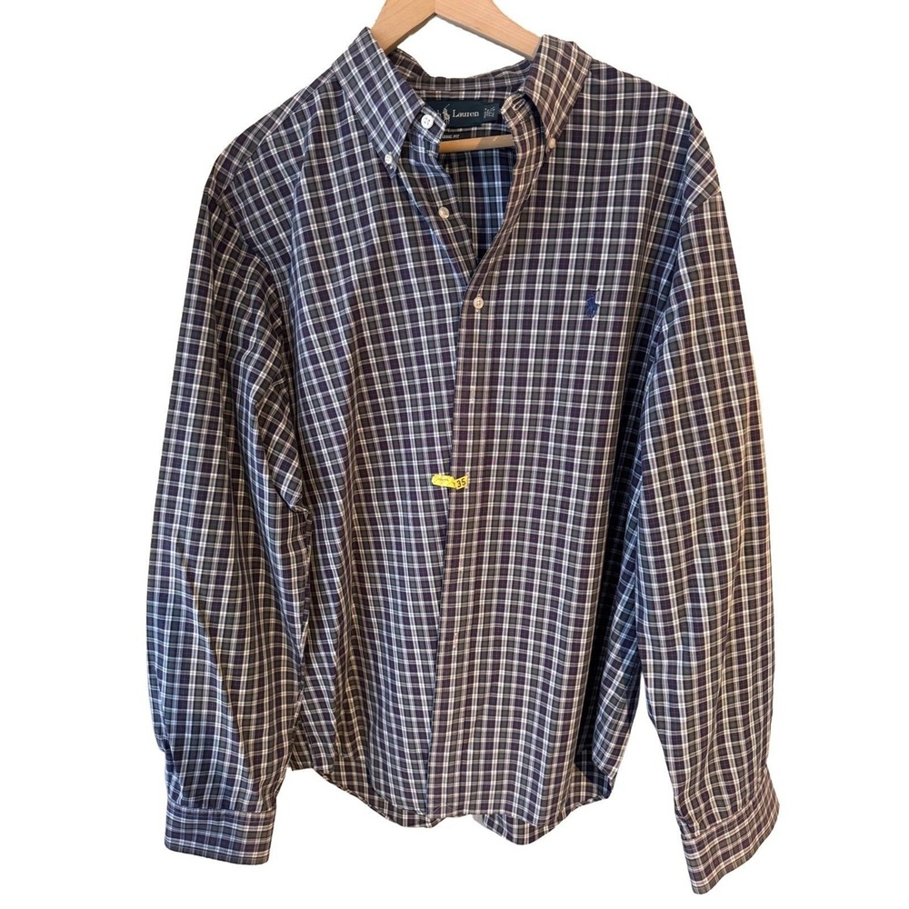 Ralph Lauren Mens Classic Fit Plaid Button Down Shirt Navy Green‎ 17.5 36/37